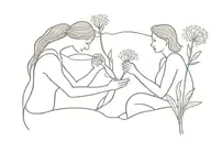 lydia Sardes ruins with a figure of mother and doughter having a dandelion in hands tattoo design idea