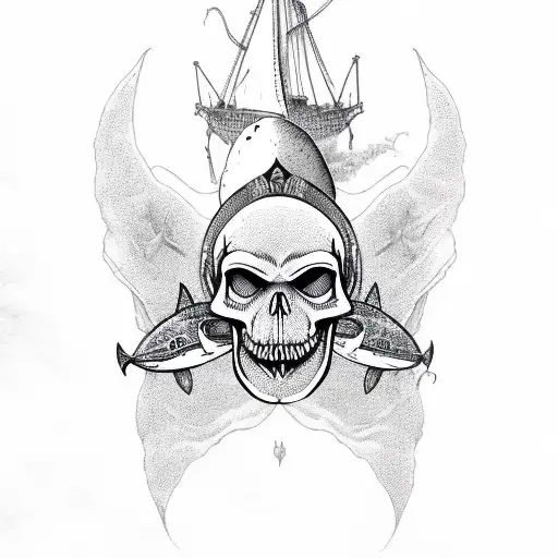 siren with skull and sharks tattoo design idea