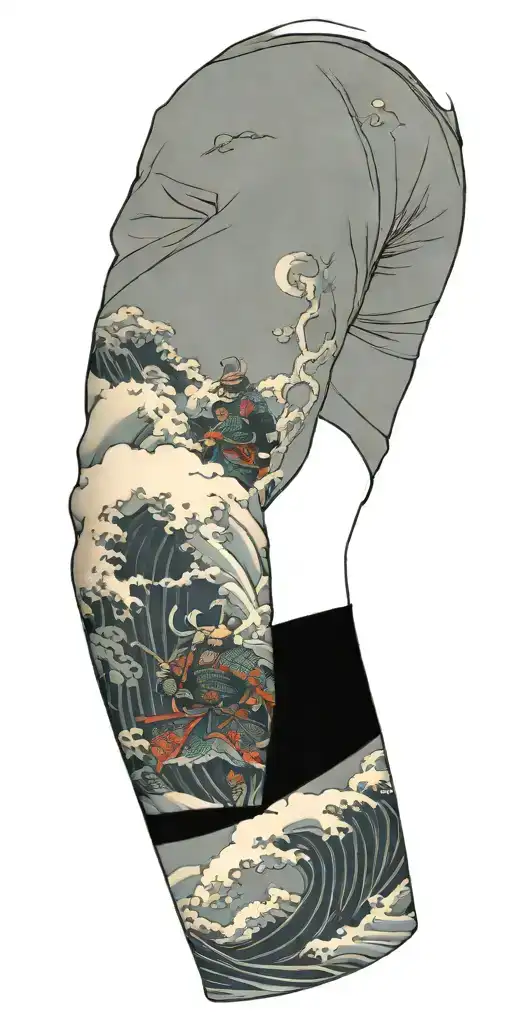 japanese arm sleeve displaying samurai battle scene tattoo design idea