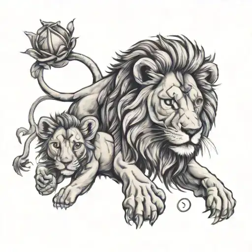 lion adult and baby cub surrounded tattoo design idea