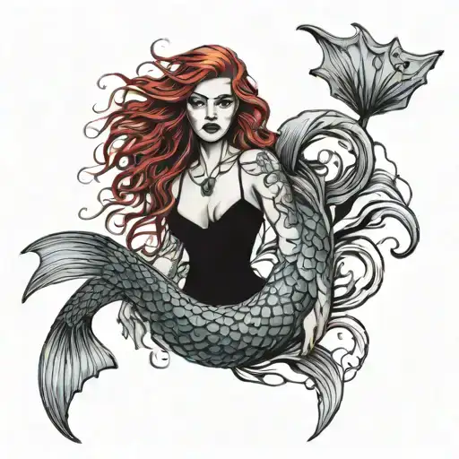 goth mermaid stormy seas two fish swimming around mermaid long red hair Debian mysterious  tattoo design idea