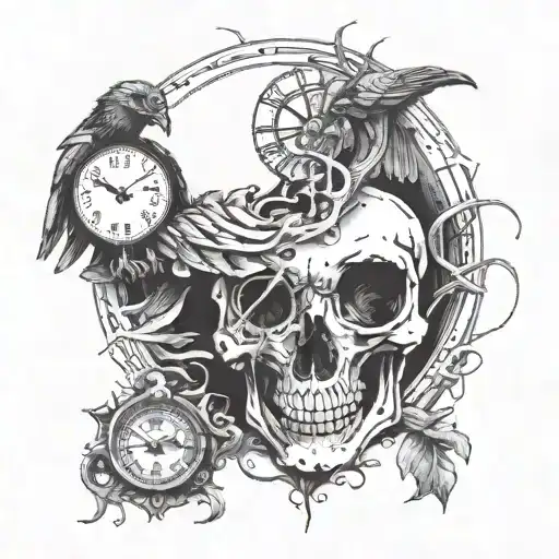 A cadaverous man with a vulture eye, grabbing a bleeding heart with parts that resemble the mechanism of a clock tattoo design idea