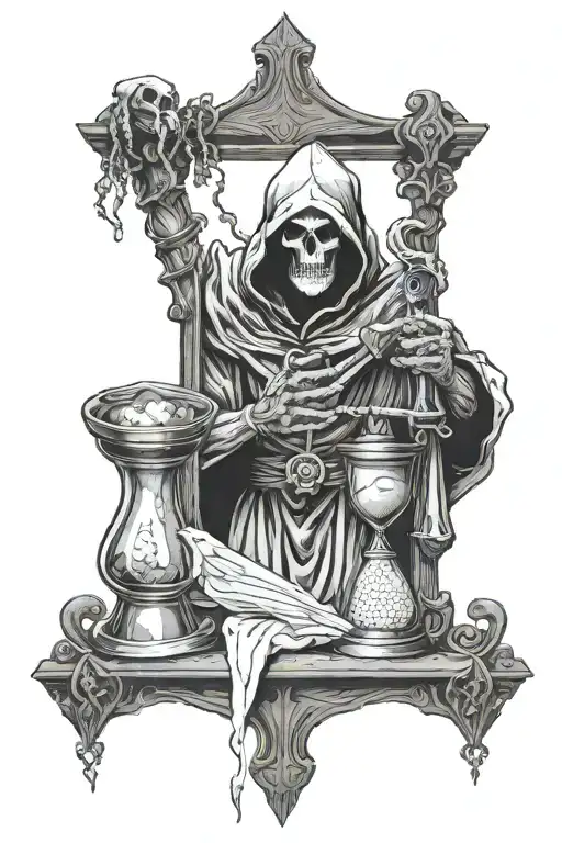 Reaper holding hourglass filled with dice, showing a 4 and 7 tattoo design idea
