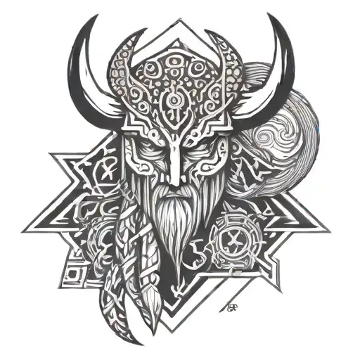 viking tattoo design with a small alien head and the number 369 woven into it tattoo design idea
