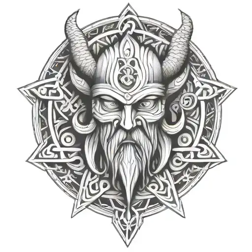 viking tattoo design with a small alien head and the number 369 woven into it tattoo design idea