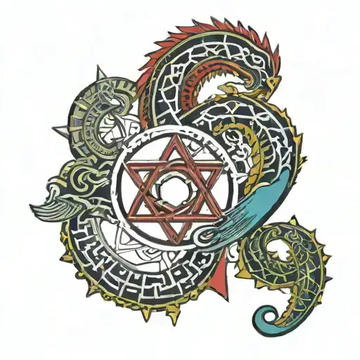 A tattoo design featuring Quetzalcoatl intertwined with the symbol of Vegvisir, surrounded by the hand of Fatima, the star of David, and a seahorse, all on a bright red background. Include elements of the eye of Horus, the ankh, the Shen rope circle, and a Uróboros with three triangles and 8888. tattoo design idea