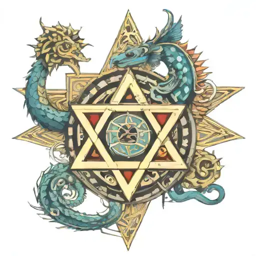 Quetzalcoatl; Vegvisir, Star of David; Ankh; Shen; 8888; three triangles; Turkish eye; colurfully; seahorse; hummingbird tattoo design idea