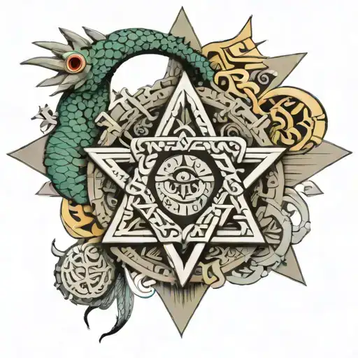 Quetzalcoatl; Vegvisir symbol representing guidance; Star of David; Ankh; Shen; 8888; three triangles; Turkish eye; tattoo design idea