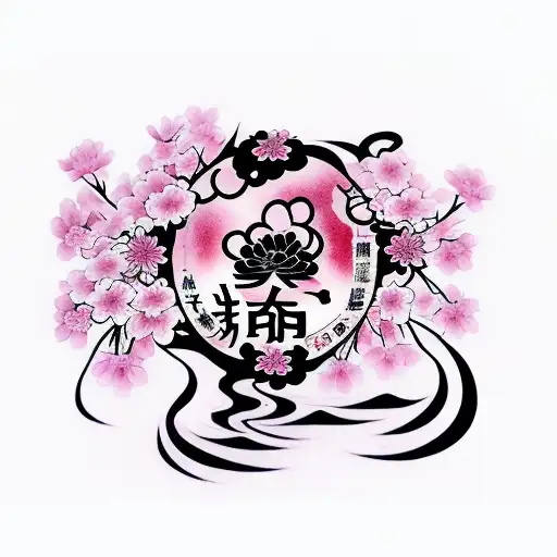 words; everything happen for a reason in japanese writting. background; cherry blossom petals. tattoo design idea