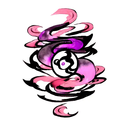 swirl words: everything happen for a reason in Japanese language. background color; black, pink and purple watercolor sp tattoo design idea