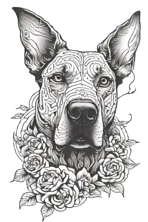 Create tattoo with a anatomical human heart on the bottom acting as the chest and neck of a dog and the dogs head on top tattoo design idea