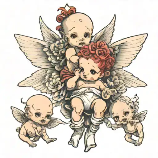 cherub and two kewpie dolls together tattoo design idea