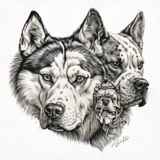 Husky, bulldog, and a Razorback sanding side by side tattoo design idea