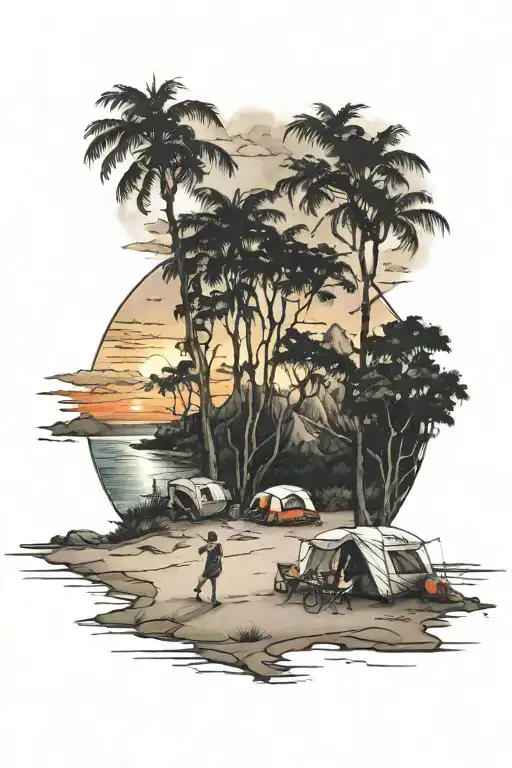 beach sunset , camping , family, Australia landscape,  tattoo design idea