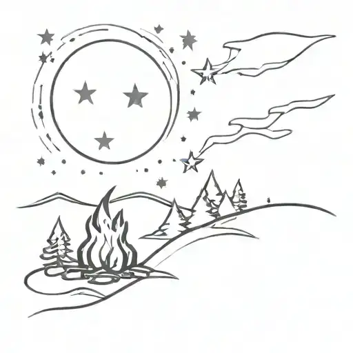 A minimalist tattoo of a campfire under a starry night sky tattoo design idea