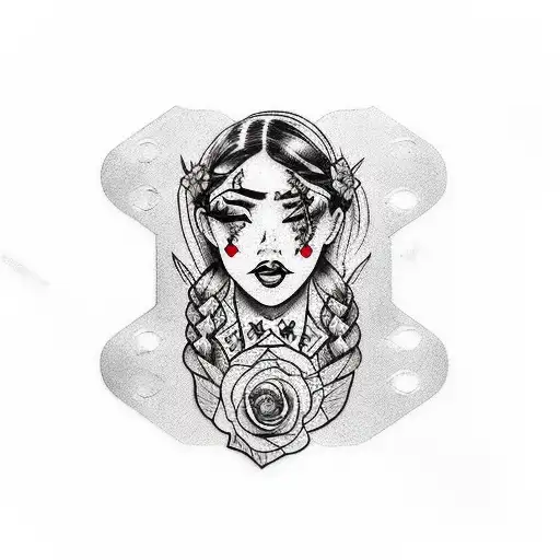 rose of no man's land integrated Latina long braided black hair and dark brown eyes with beauty mark under right eye tattoo design idea