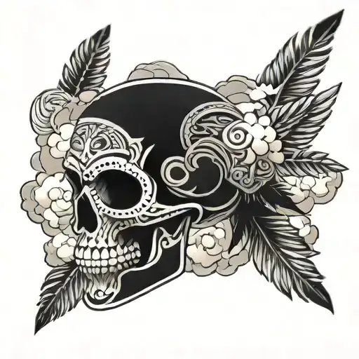 aztec  skull coming switling clouds surrounding tattoo design idea