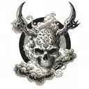 front skull coming out of switling clouds surrounding tattoo design idea