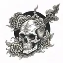 front skull coming out of switling clouds surrounding tattoo design idea