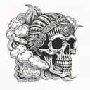 aztec  skull coming out of switling clouds surrounding tattoo design idea