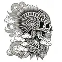 aztec  skull coming out of switling clouds surrounding tattoo design idea