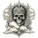 aztec  skull coming out of switling clouds surrounding tattoo design idea