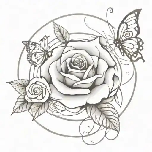 1 rose tangled on a sand clock with butterflys  tattoo design idea
