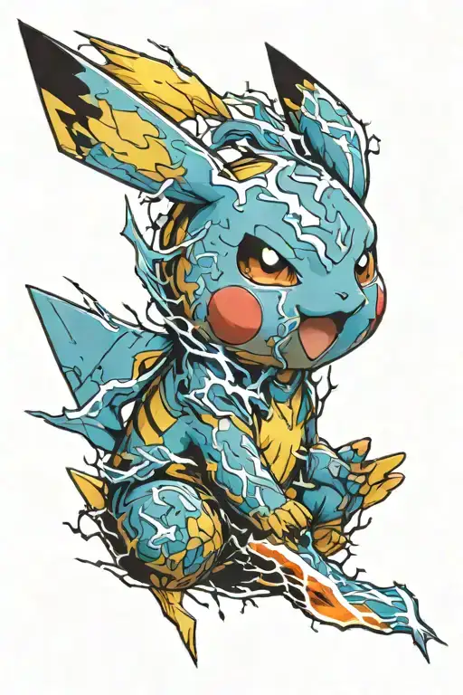 Pikachu with blue lightning that goes from in him to around him,very colorful and detailed tattoo design idea