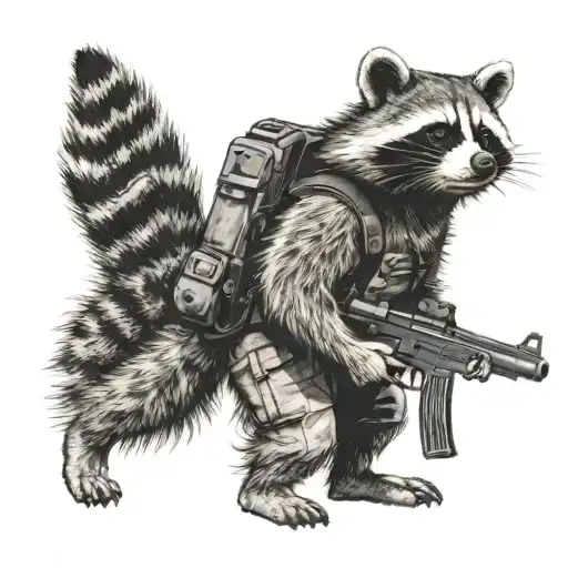 raccoon stands in full height with a  gun tattoo design idea