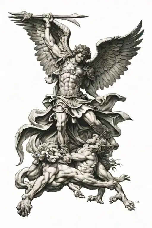 saint michael killing lucifer falling tattoo design idea
