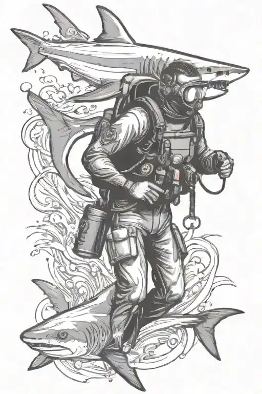 scuba diver with shark tattoo design idea