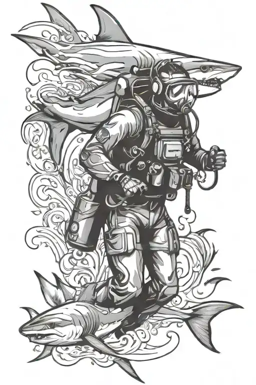 scuba diver with shark tattoo design idea