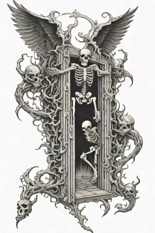 gate to hell with evil skeleton demons flying tattoo design idea