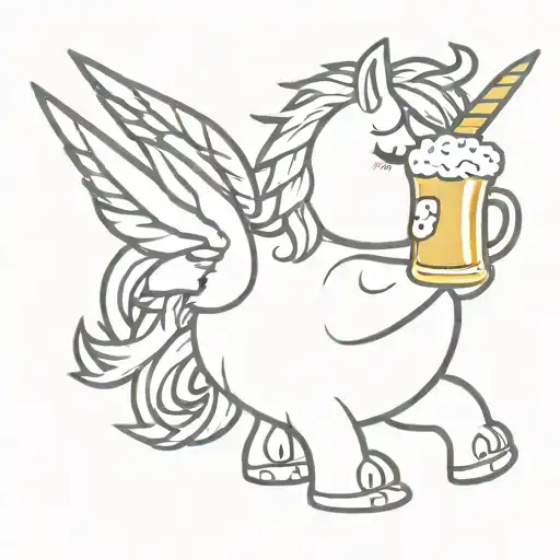 chubby cute punk rock  unicorn holding a beer  tattoo design idea