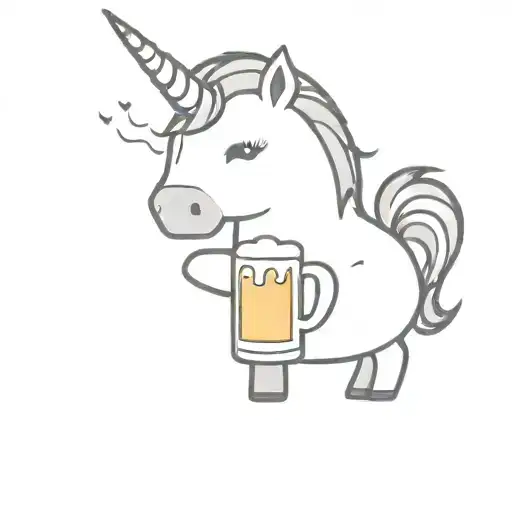 chubby cute unicorn with punk hairstyle holding a beer tattoo design idea