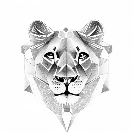 a lioness with a cub, with a sapphire in the middle, and some organic lines around it tattoo design idea