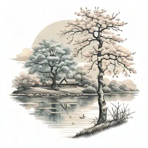 field with trees and one cherry blossom, blue sky, clouds and lake with a girl sitting by the lake tattoo design idea