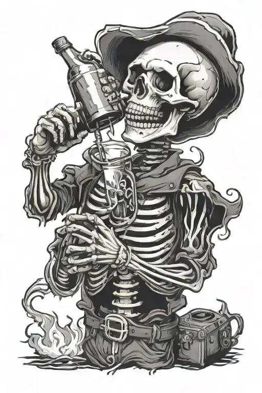 a happy skeleton with a drink in one hand and a grenade in another with a firey background tattoo design idea
