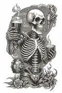 a happy skeleton with a drink in one hand and a grenade in another with a firey background tattoo design idea