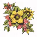 dogwood flower, sunflower, black eye susan flower, and hibiscus tattoo design idea