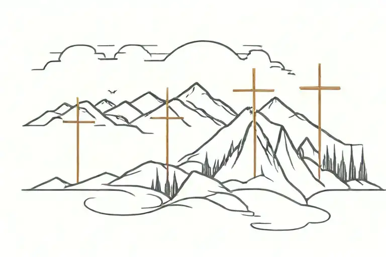 3 crosses sunset mountains panorama tattoo design idea