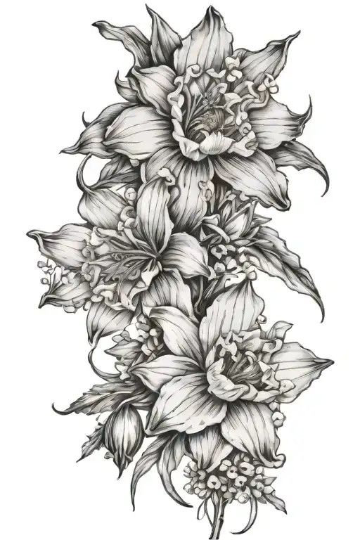 narcissus & holly  carnation & snowdrop lily of the valley & hawthorn delphinium & water lily x 2 gladiolus & poppy  tattoo design idea