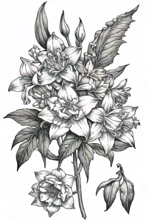 narcissus & holly  carnation & snowdrop lily of the valley & hawthorn delphinium & water lily x 2 gladiolus & poppy  tattoo design idea