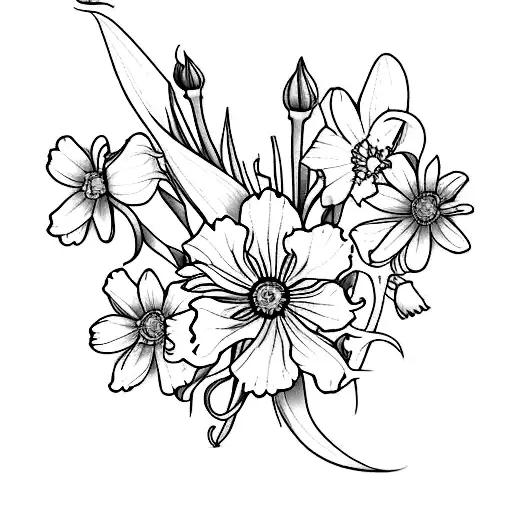 spine tattoo with carnation, daffodil, daisy, and rose  tattoo design idea
