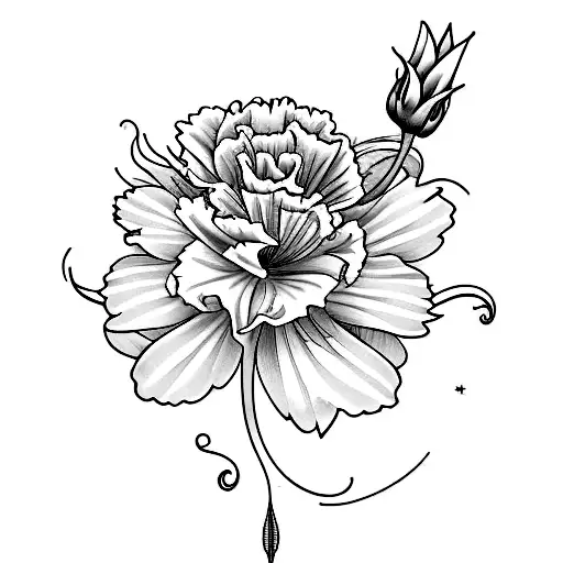 linear spine tattoo with carnation, daffodil, daisy, and rose  tattoo design idea