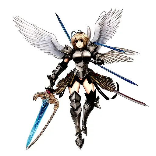 warrior angel with large open wings, dual swords wearing armour tattoo design idea