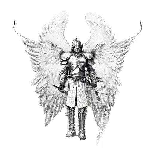 warrior angel with large open wings, dual swords wearing armour tattoo design idea