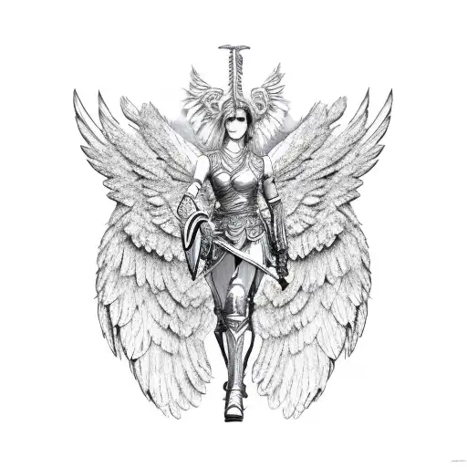 warrior angel with large wings, dual swords wearing armour tattoo design idea