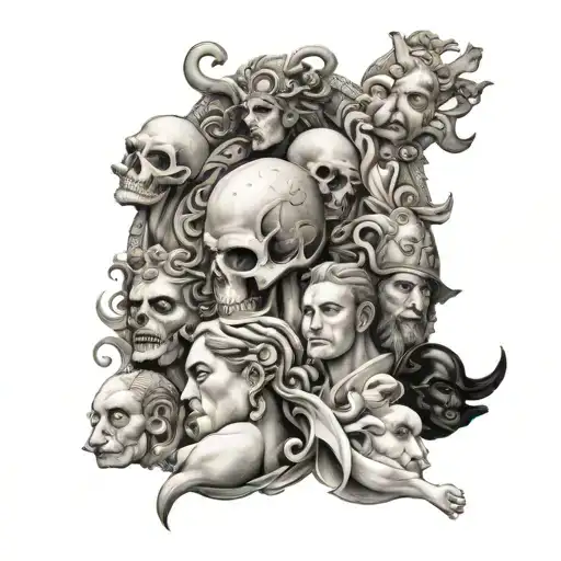 an edgy realism style tattoo design of collage of each of the seven deadly sins depicted as various greek mythology godd tattoo design idea