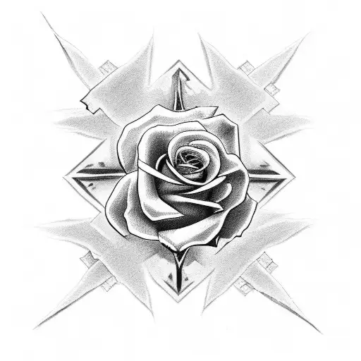 three crosses, center cross larger, with rose and thorns behind the crosses tattoo design idea